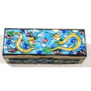 Rare Antique Vintage Trinket Stamp Jewelry Box Enamel And Brass Dragon Art